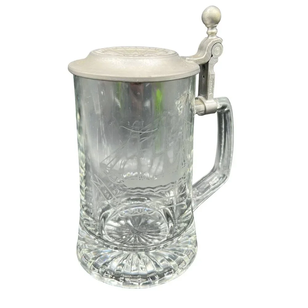 Vintage Old Spice Glass Beer Stein Pewter Lid Etched Sailboat By ALWE W-Germany